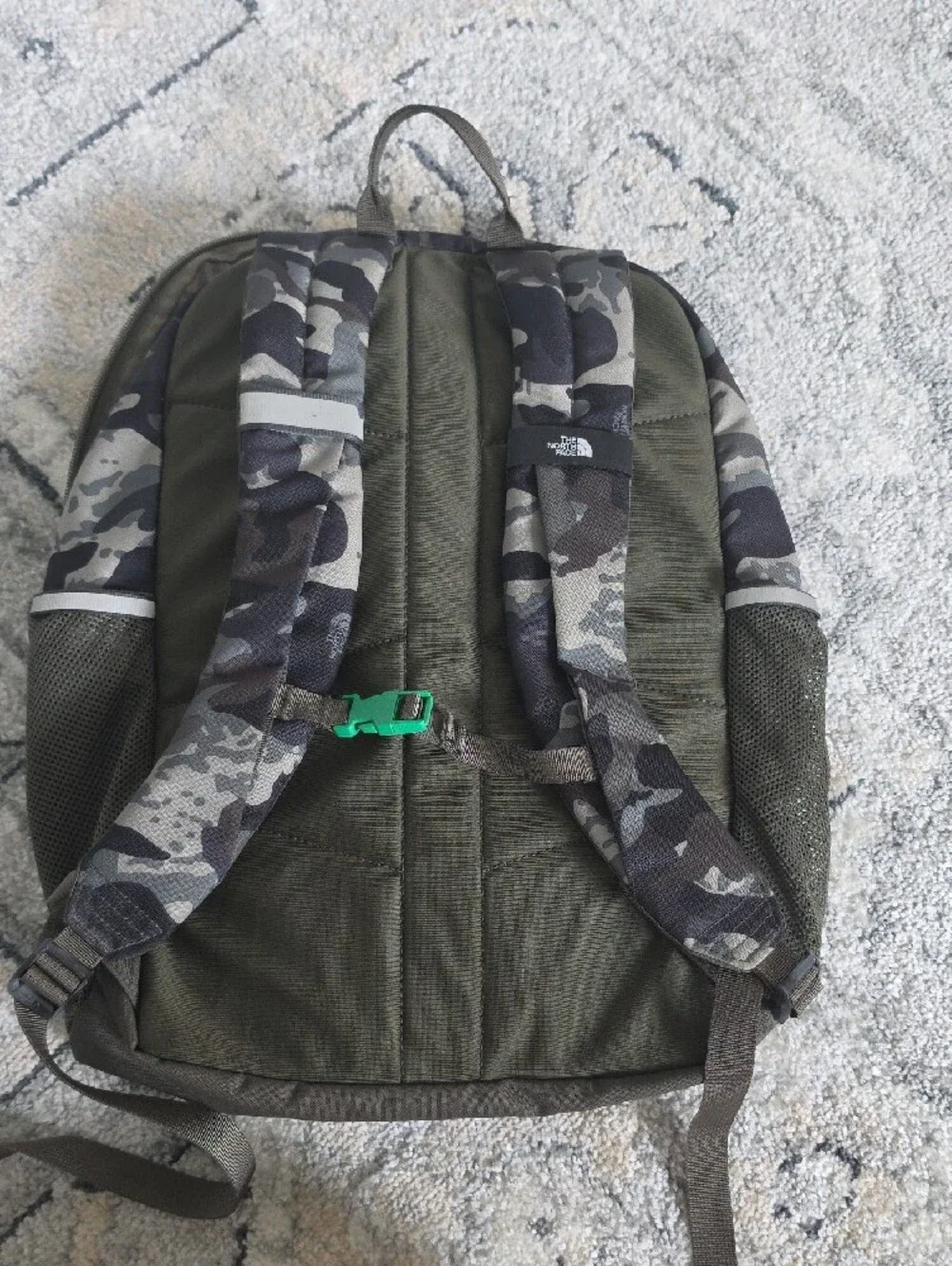 The North Face Olive/Grey Camo Backpack with Yellow Logo